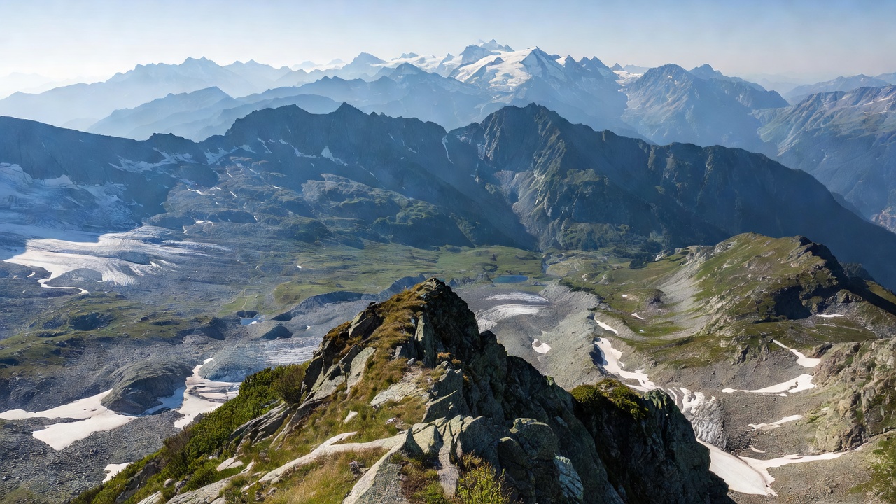 Alpine ridge with glacial valley and layered mountain terrain in Europe