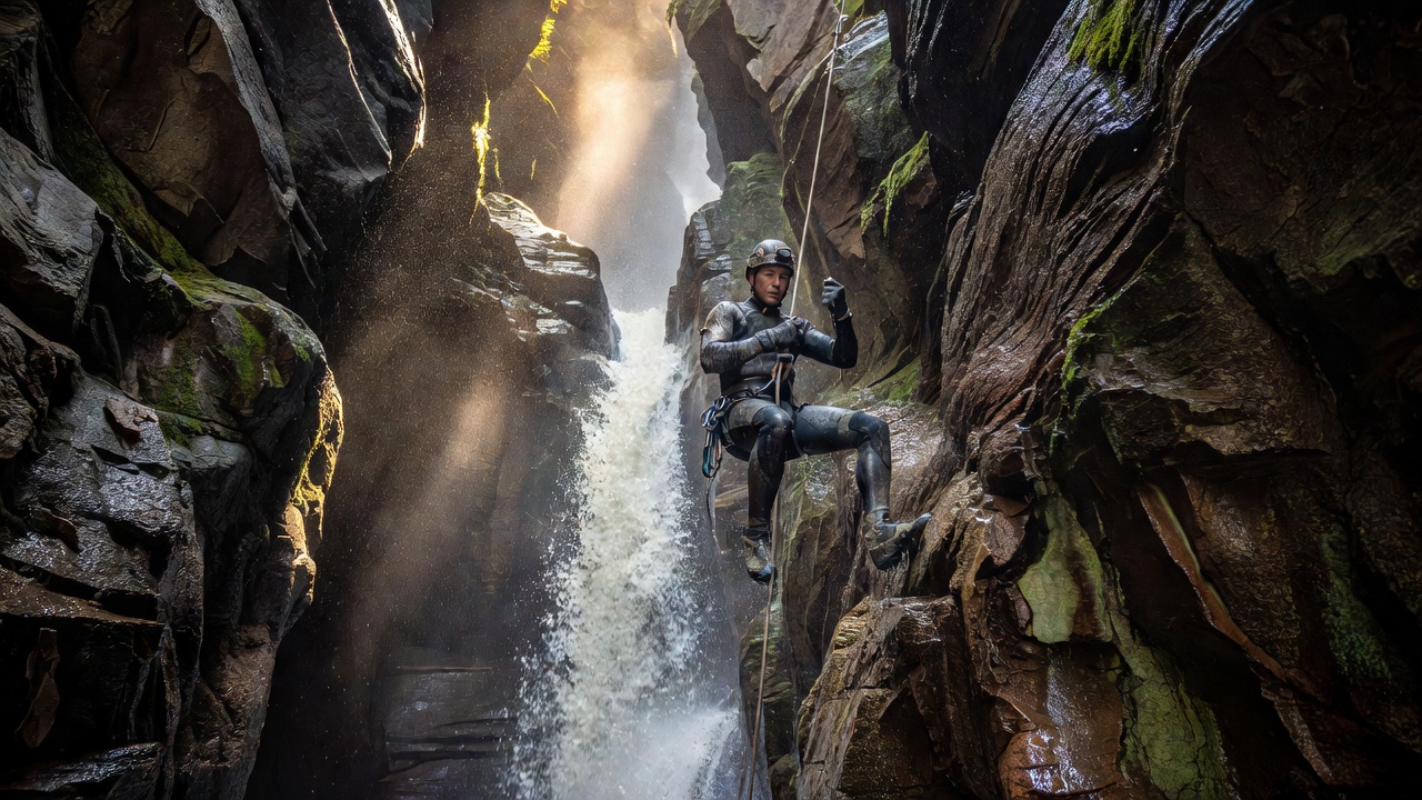 Canyoner descending a rope beside a waterfall inside a narrow rocky gorge