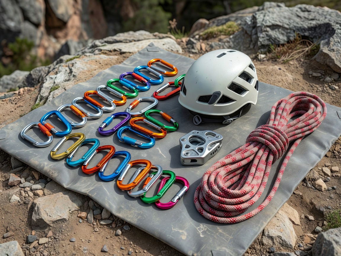Detailed climbing rack with quickdraws, helmet, rope and belay device organized on groundsheet
