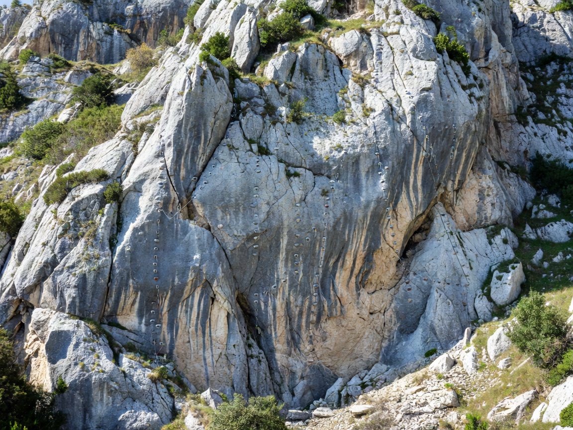 European cliff with multiple bolted climbing lines across textured rock