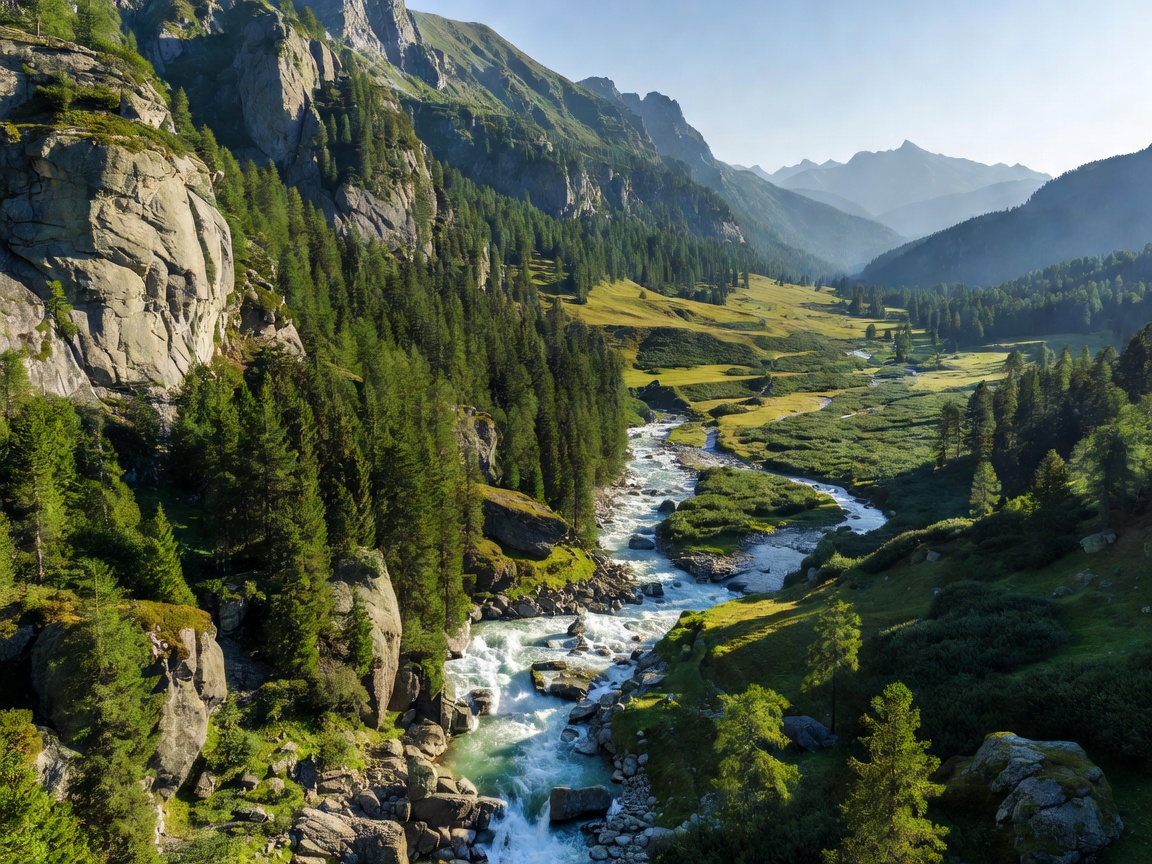 European mountain terrain showing rock walls, forests, rivers and open valleys