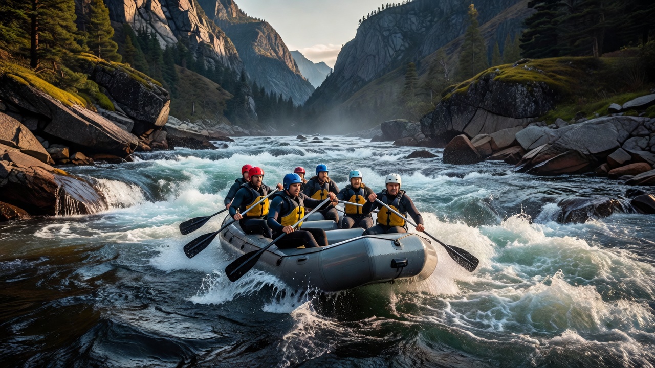 Inflatable raft team paddling through choppy whitewater between mountain banks