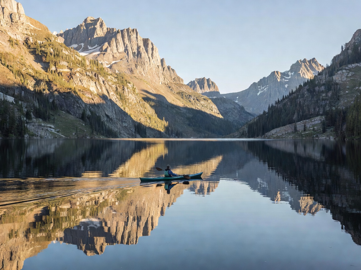 Kayak on calm alpine lake near dramatic mountain shoreline