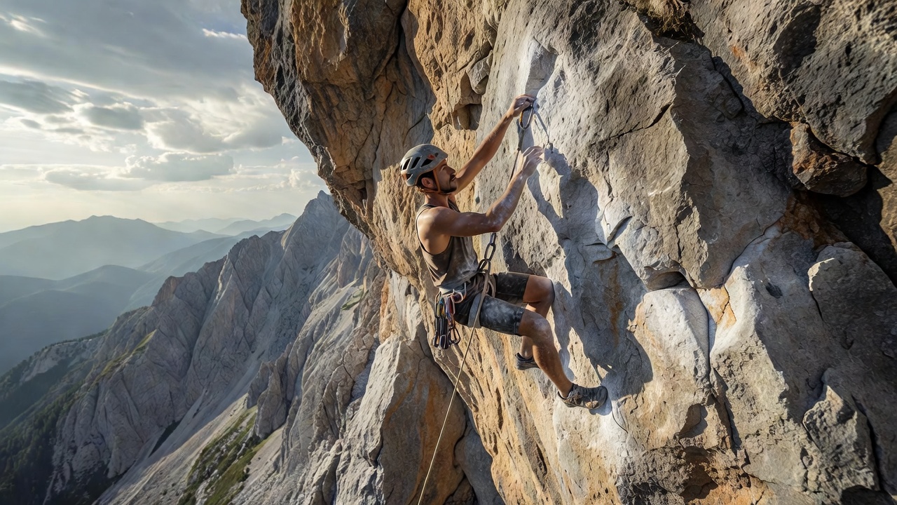 Lead climber clipping quickdraws on a steep limestone face in Europe