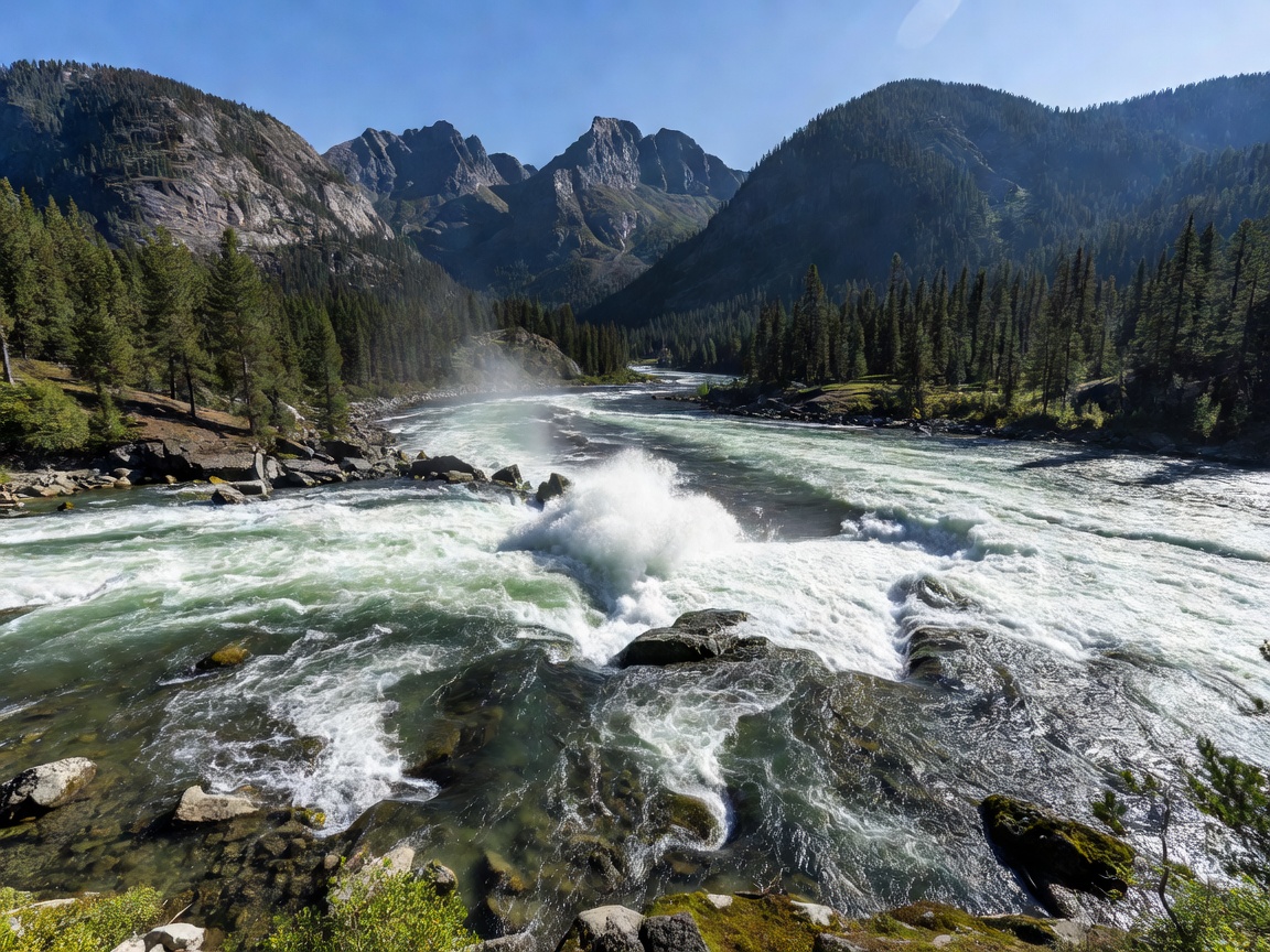 Mountain river bend with visible current lines and standing waves