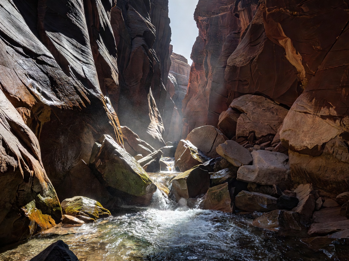 Narrow canyon with flowing water and rocky vertical walls