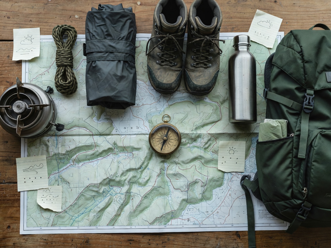 Outdoor equipment organized on map with compass and weather notes