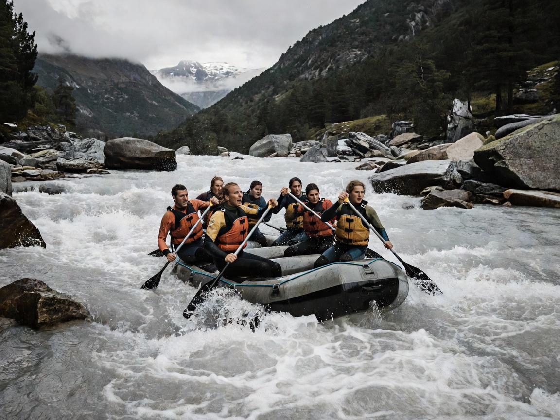 Raft team navigating foamy mountain river current in Europe