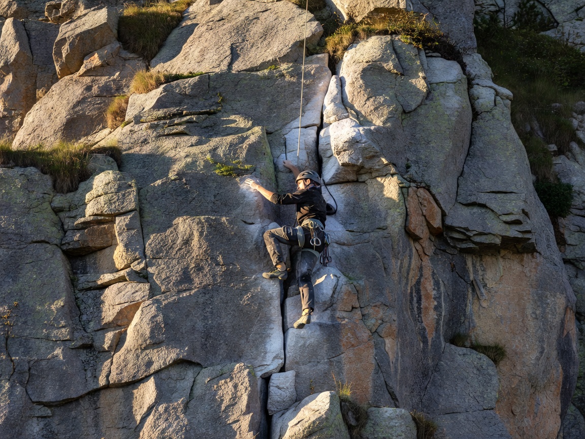 Rock climber ascending a European cliff face with textured granite