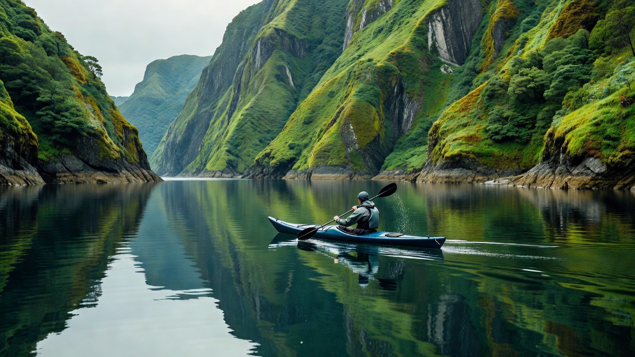 Sea kayak paddler on calm coastal water near steep green cliffs