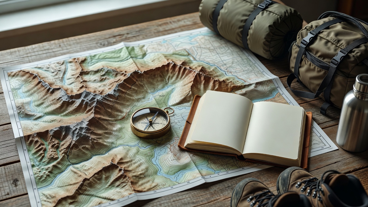 Topographic map with compass, notebook, and packed outdoor equipment for trip planning