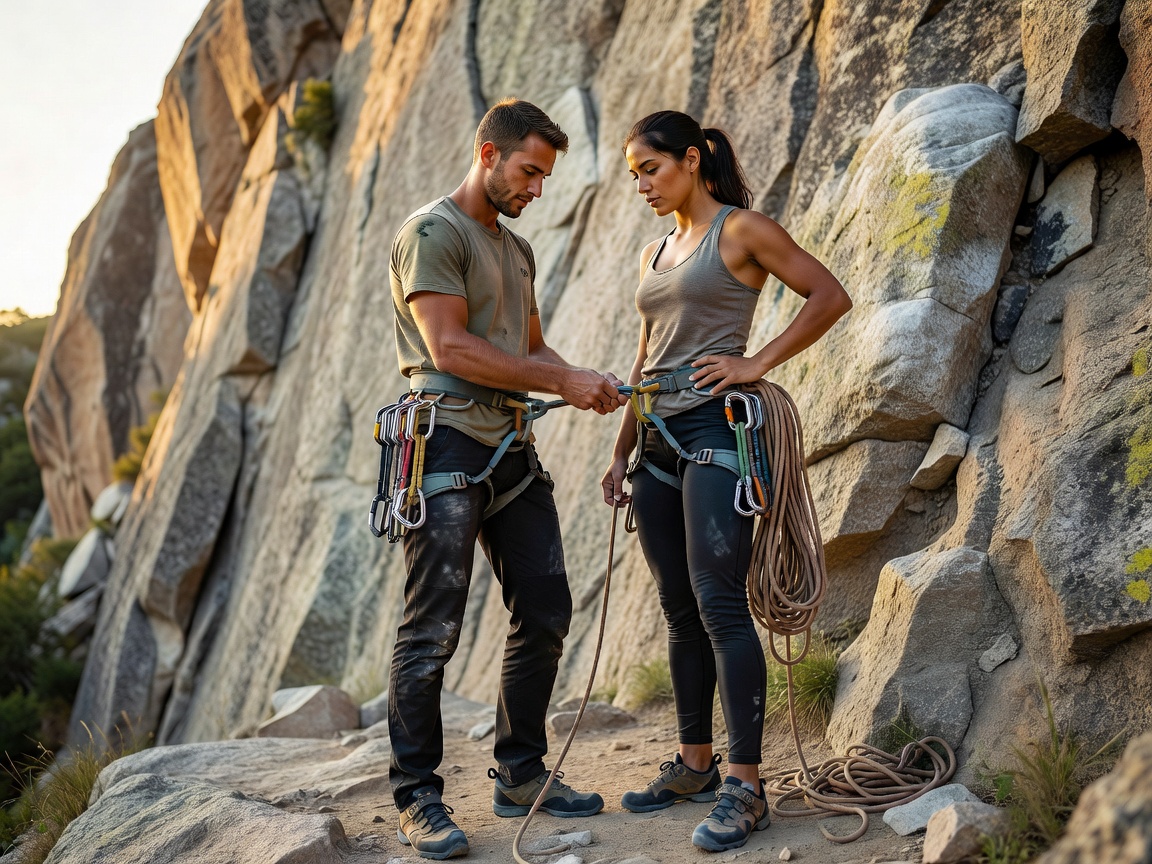 Two climbers performing partner check before beginning a route